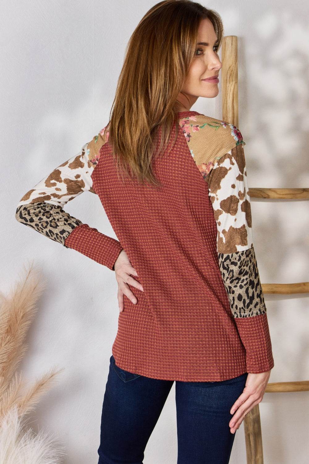 Hailey & Co Full Size Leopard Waffle-Knit Blouse - Amexza