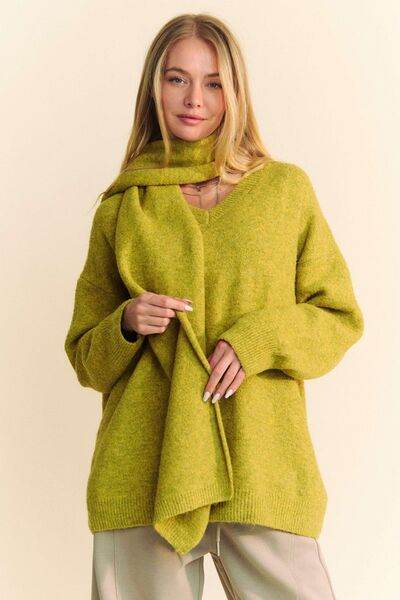 Davi & Dani V-Neck Dropped Shoulder Sweater with Scarf Chartreuse for a perfect OOTD – dress to impress outfits from Amexza