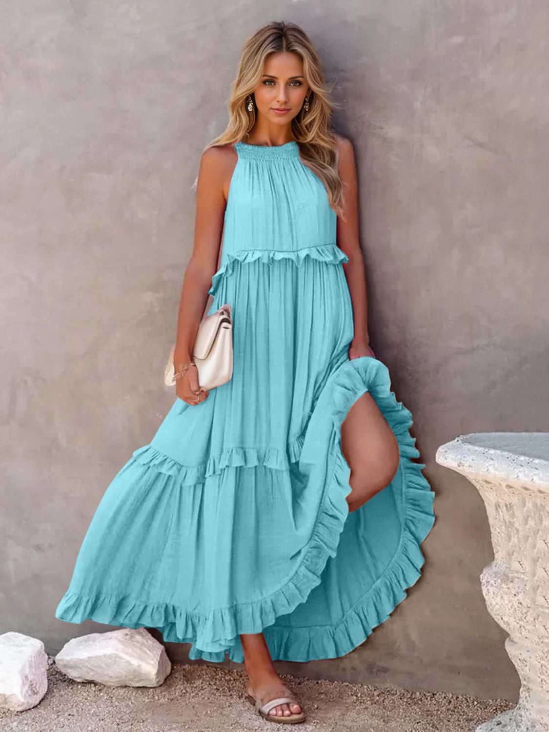 Ruffled Sleeveless Tiered Maxi Dress with Pockets - Sky Blue / S