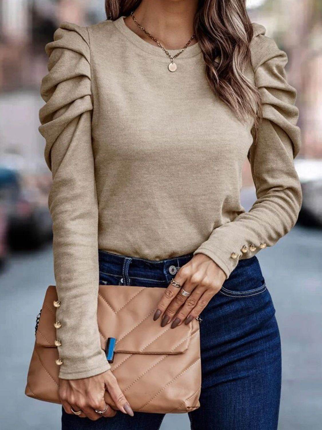 Round Neck Puff Sleeve Sleeve Blouse Beige for a perfect OOTD – dress to impress outfits from Amexza