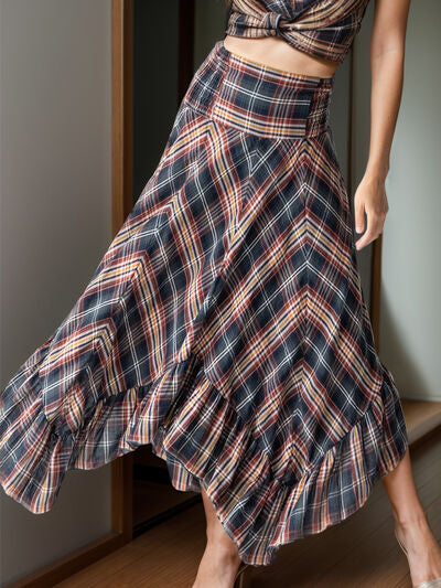 Plaid Asymmetrical Ruffle Hem Skirt Plaid for a perfect OOTD – dress to impress outfits from Amexza