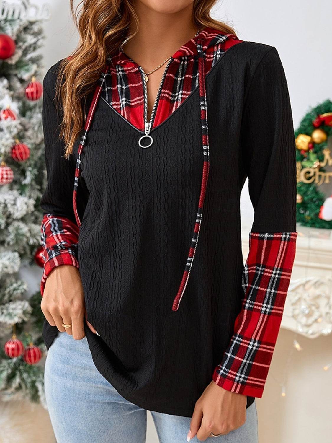 Plaid Quarter Zip Hooded T-Shirt Black for a perfect OOTD – dress to impress outfits from Amexza