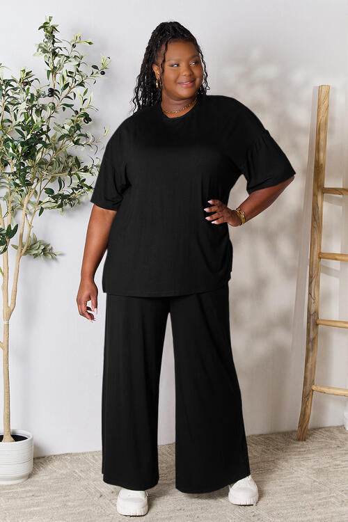 Double Take Full Size Round Neck Slit Top and Pants Set for a perfect OOTD – dress to impress outfits from Amexza