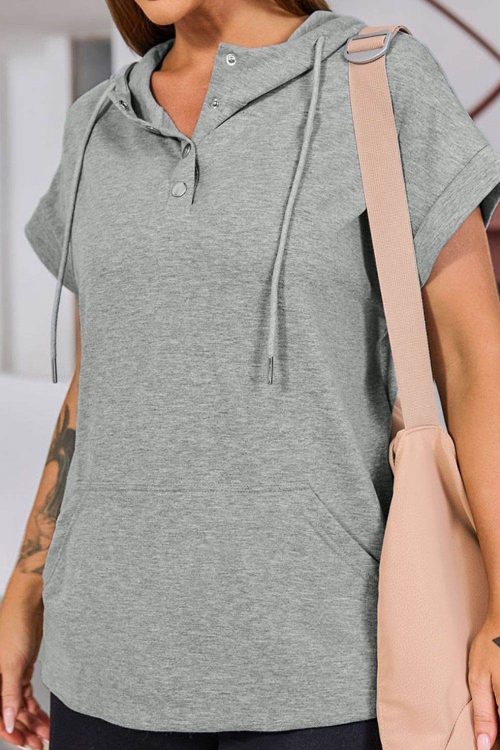 Drawstring Quarter Snap Cap Sleeve Hoodie for a perfect OOTD – dress to impress outfits from Amexza
