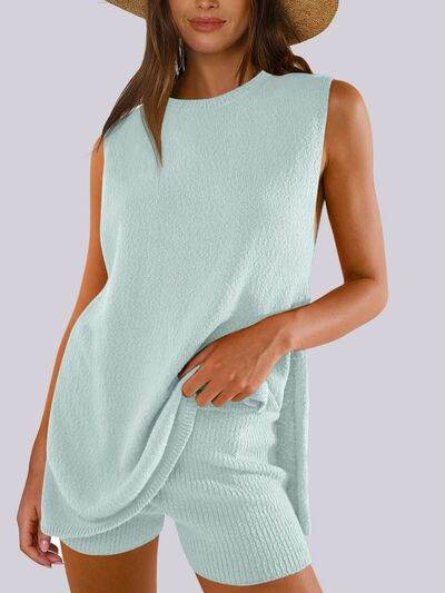 Mandy Side Slit Round Neck Tank and Shorts Sweater Set Tiffany Blue for a perfect OOTD – dress to impress outfits from Amexza