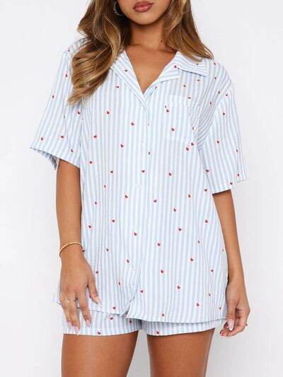 Valentine's Day Printed Collared Neck Short Sleeve Top and Shorts Set Light Blue for a perfect OOTD – dress to impress outfits from Amexza