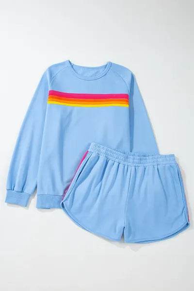 Full Size Contrast Striped Round Neck Top and Shorts Set Pastel Blue for a perfect OOTD – dress to impress outfits from Amexza