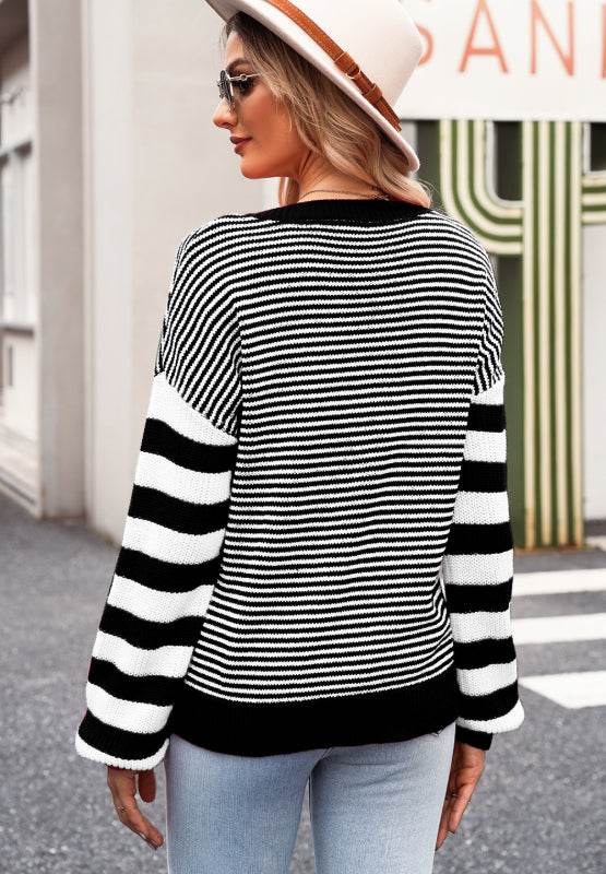 Striped Round Neck Dropped Shoulder Sweater for a perfect OOTD – dress to impress outfits from Amexza