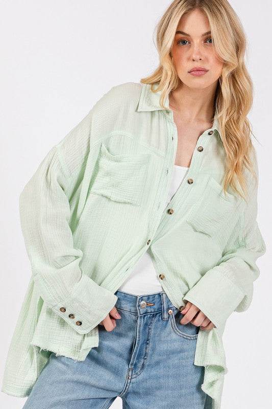 SAGE + FIG Frayed Hem Side Slit Button Down Shirt for a perfect OOTD – dress to impress outfits from Amexza