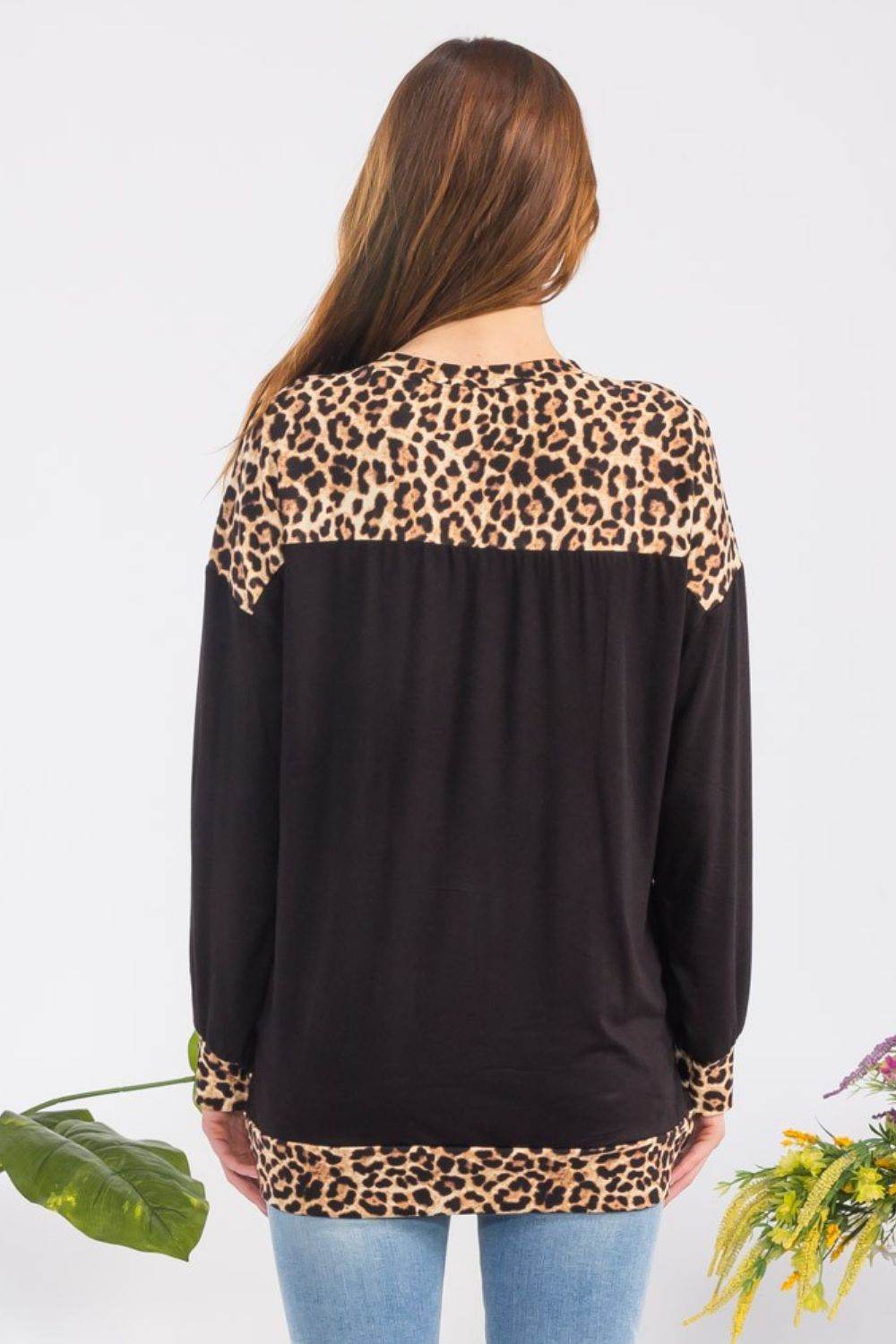 Celeste Full Size Leopard Round Neck Dropped Shoulder T-Shirt - Amexza