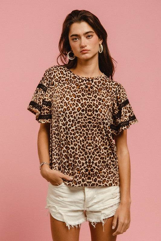 BiBi Leopard Crochet Trim Round Neck Short Sleeve Top for a perfect OOTD – dress to impress outfits from Amexza