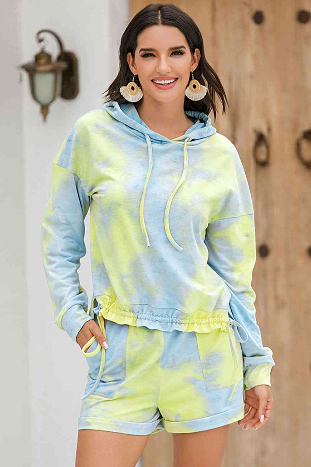 Ivy Lane Tie-Dye Drawstring Hoodie and Shorts Set Blue-Green for a perfect OOTD – dress to impress outfits from Amexza