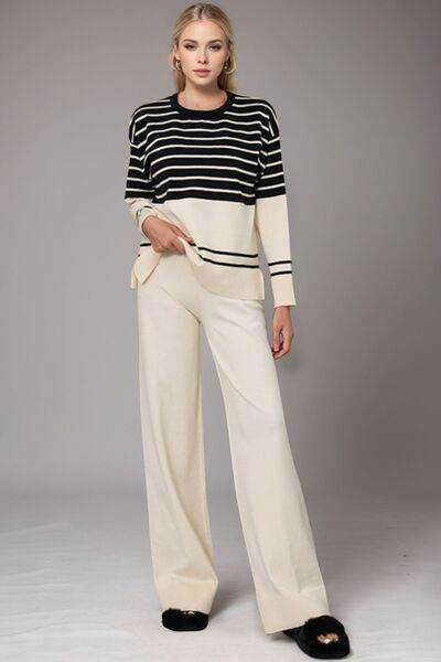 Basic Bae Striped Round Neck Long Sleeve Top and Pants Sweater Set - Amexza