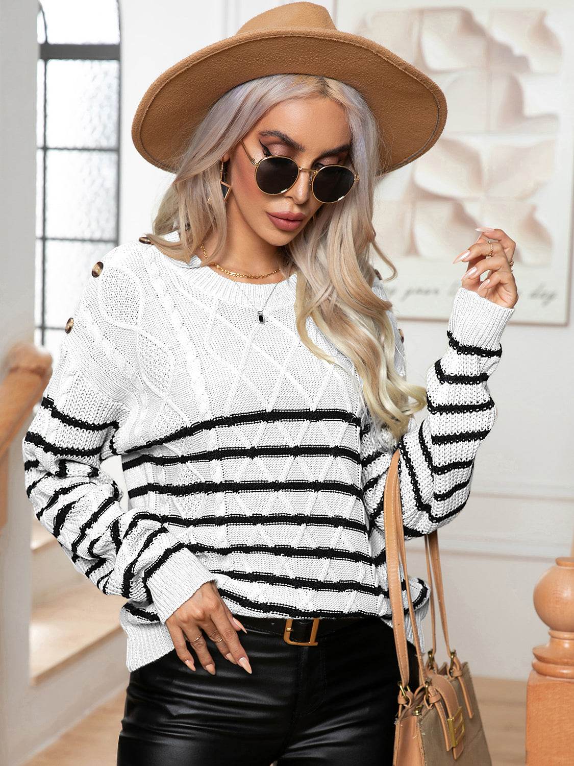 Striped Round Neck Cable-Knit Sweater for a perfect OOTD – dress to impress outfits from Amexza