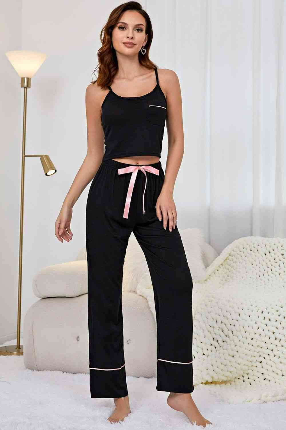 Contrast Trim Cropped Cami and Pants Loungewear Set Black for a perfect OOTD – dress to impress outfits from Amexza