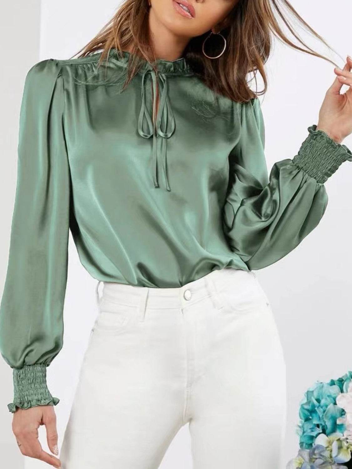 Frill Tied Lantern Sleeve Blouse for a perfect OOTD – dress to impress outfits from Amexza