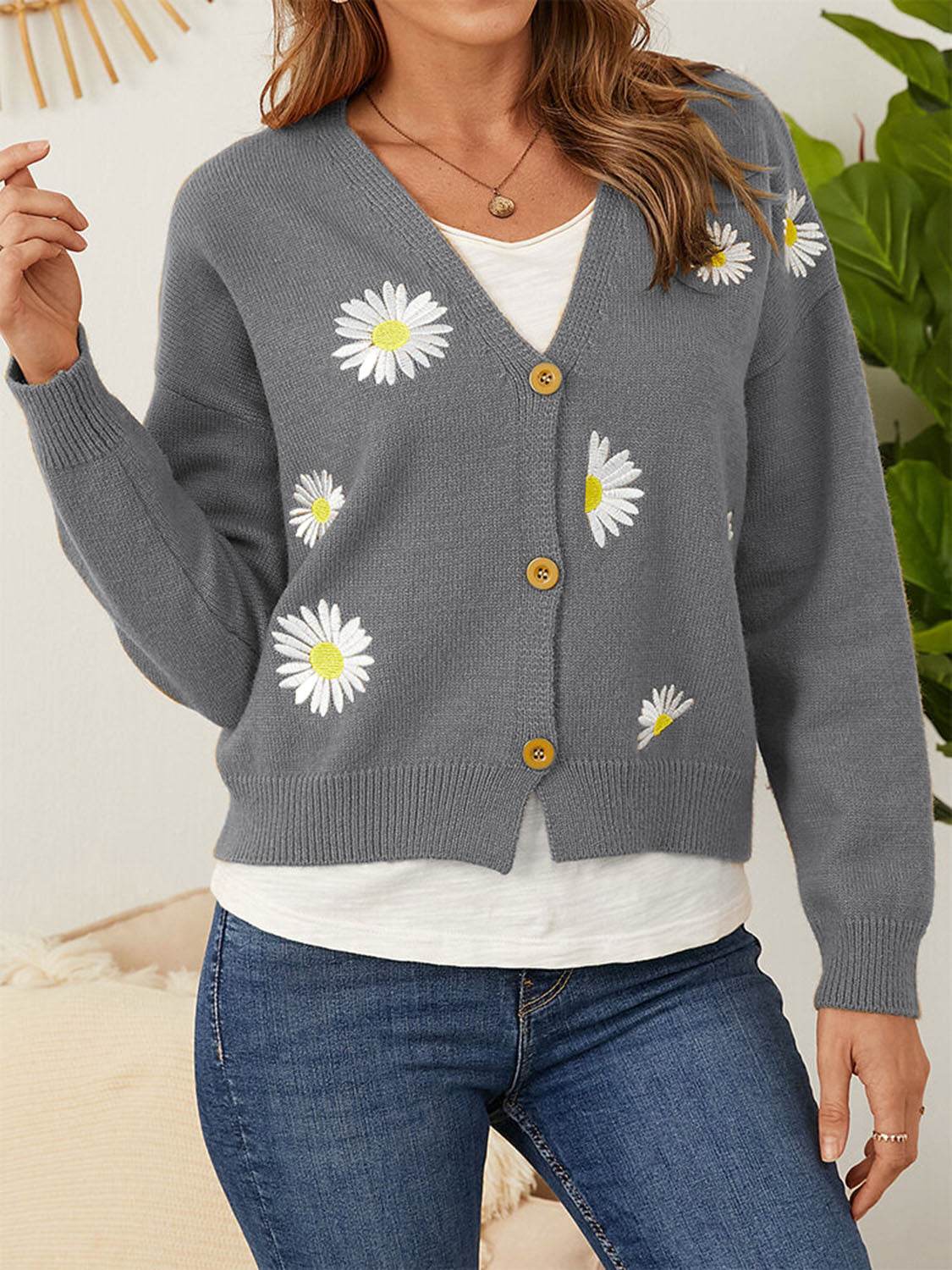 Flower Button Front Dropped Shoulder Cardigan for a perfect OOTD – dress to impress outfits from Amexza