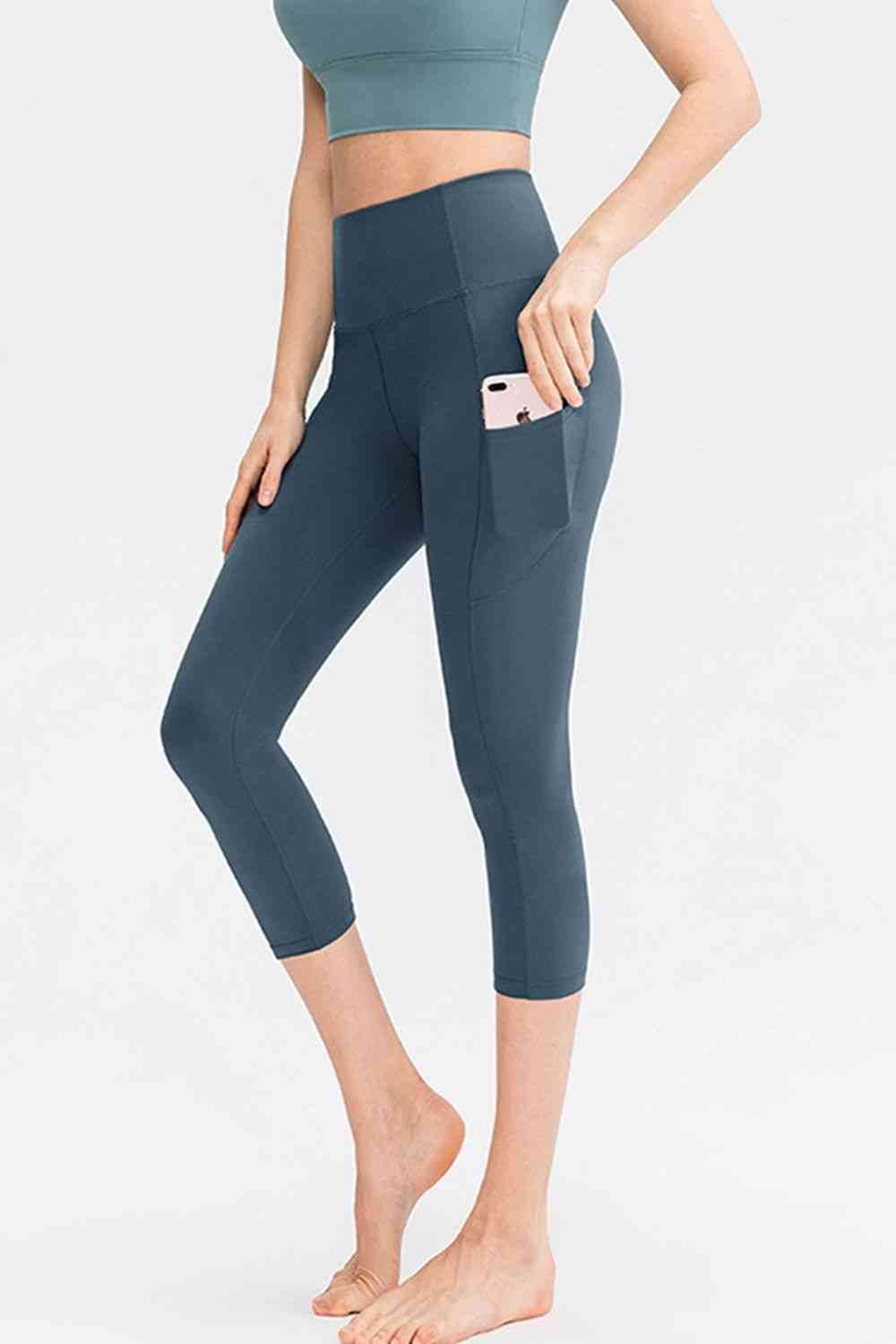 Wide Waistband Cropped Active Leggings with Pockets - Amexza