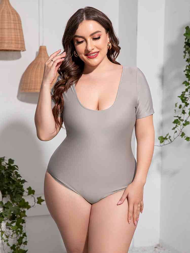 Plus Size Scoop Neck Short Sleeve One-Piece Swimsuit Light Gray for a perfect OOTD – dress to impress outfits from Amexza