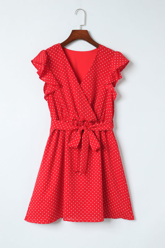 Polka Dot Surplice Neck Tie Waist Dress - Red / S