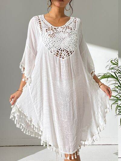 Tassel Cutout Scoop Neck Cover-Up Dress White One Size for a perfect OOTD – dress to impress outfits from Amexza