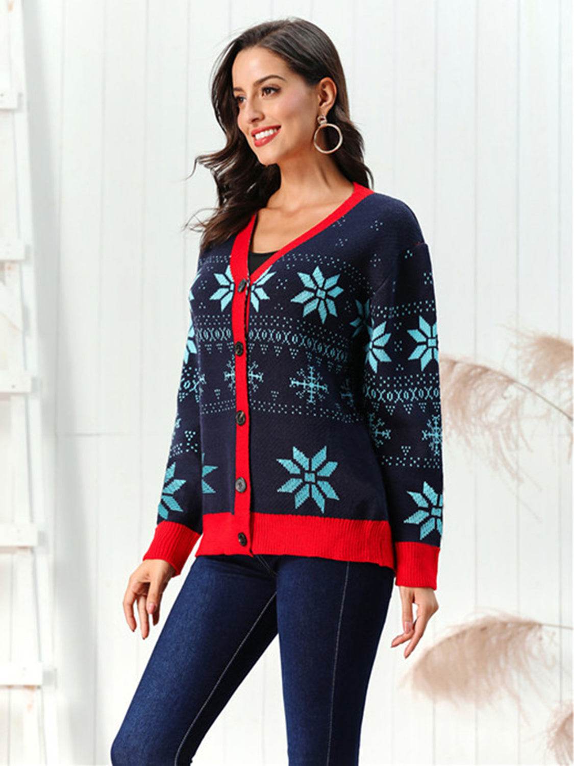 Snowflake Pattern Button Down Cardigan for a perfect OOTD – dress to impress outfits from Amexza