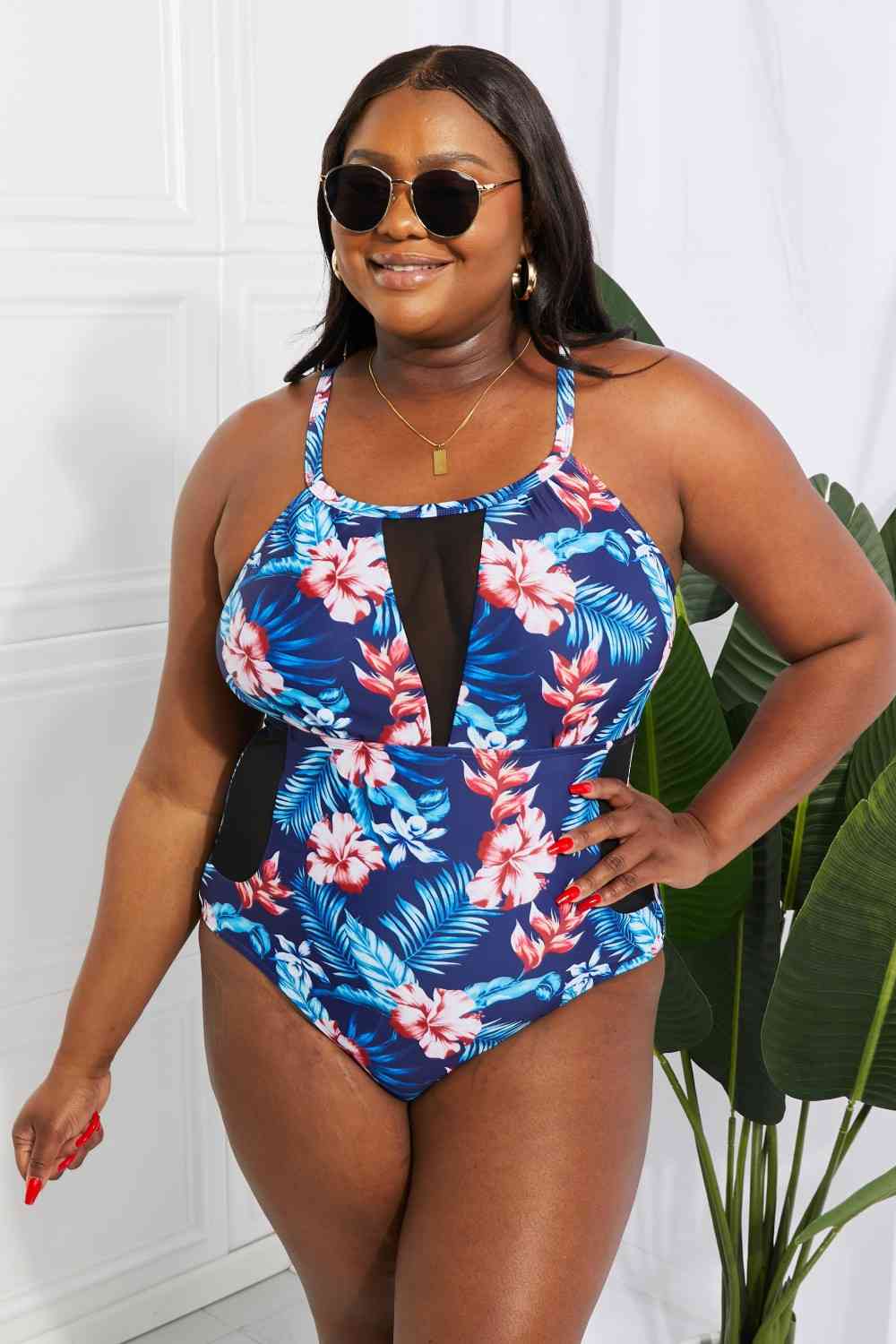 Floral Crisscross Spliced Mesh One-Piece Swimsuit for a perfect OOTD – dress to impress outfits from Amexza