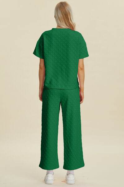 Double Take Full Size Texture Round Neck Short Sleeve Top and Pants Set for a perfect OOTD – dress to impress outfits from Amexza