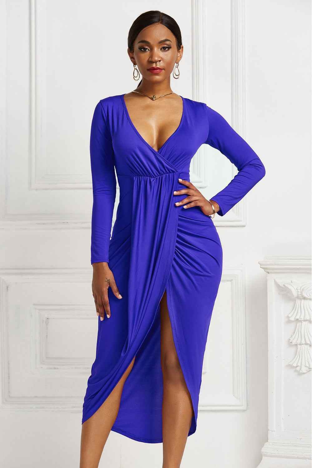 High-low Ruched Surplice Long Sleeve Dress Royal Blue for a perfect OOTD – dress to impress outfits from Amexza