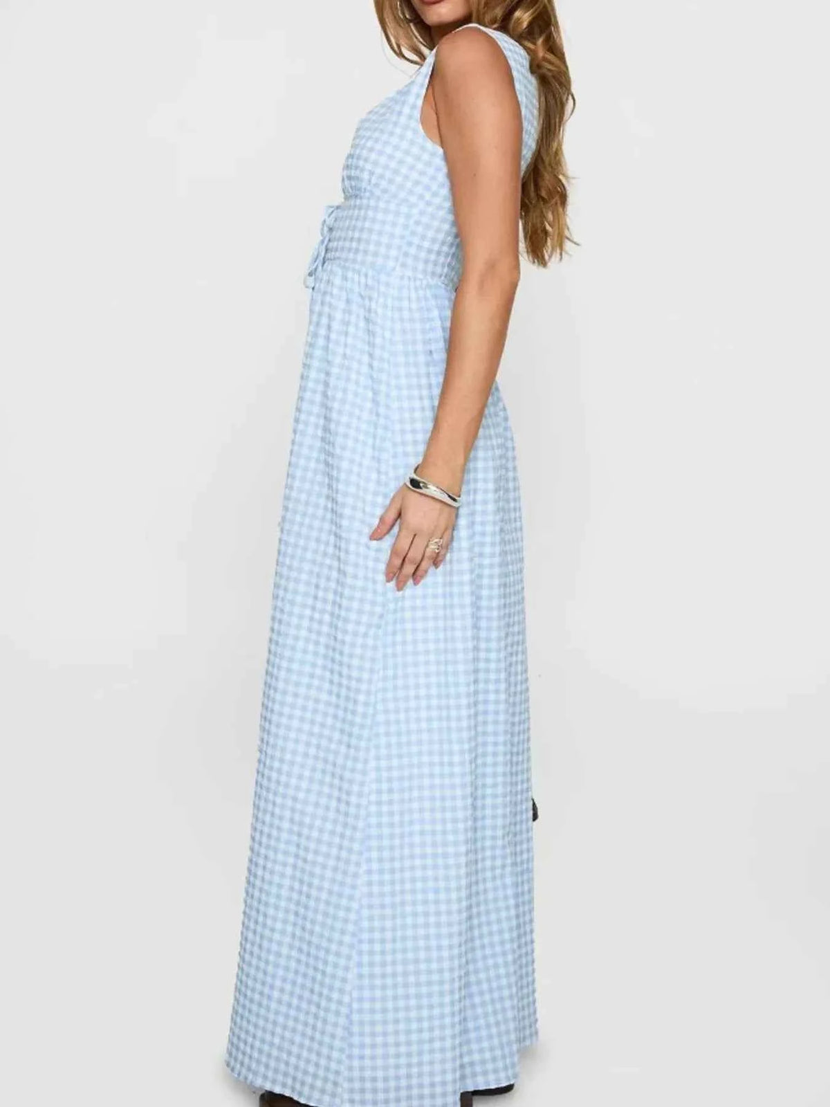 Plaid Tie Front Sleeveless Maxi Dress