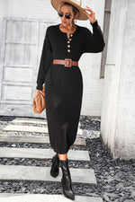Notched Neck Dropped Shoulder Button-Down Midi Dress Black for a perfect OOTD – dress to impress outfits from Amexza