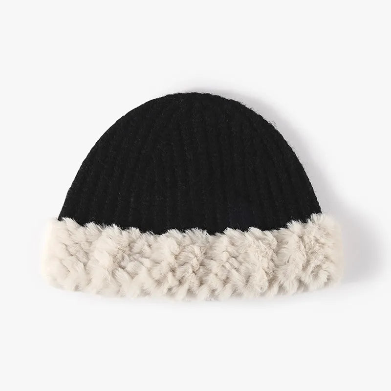 Fuzzy Hem Knit Hat Black One Size for a perfect OOTD – dress to impress outfits from Amexza