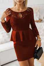 Lace Detail Long Sleeve Mini Dress - Amexza