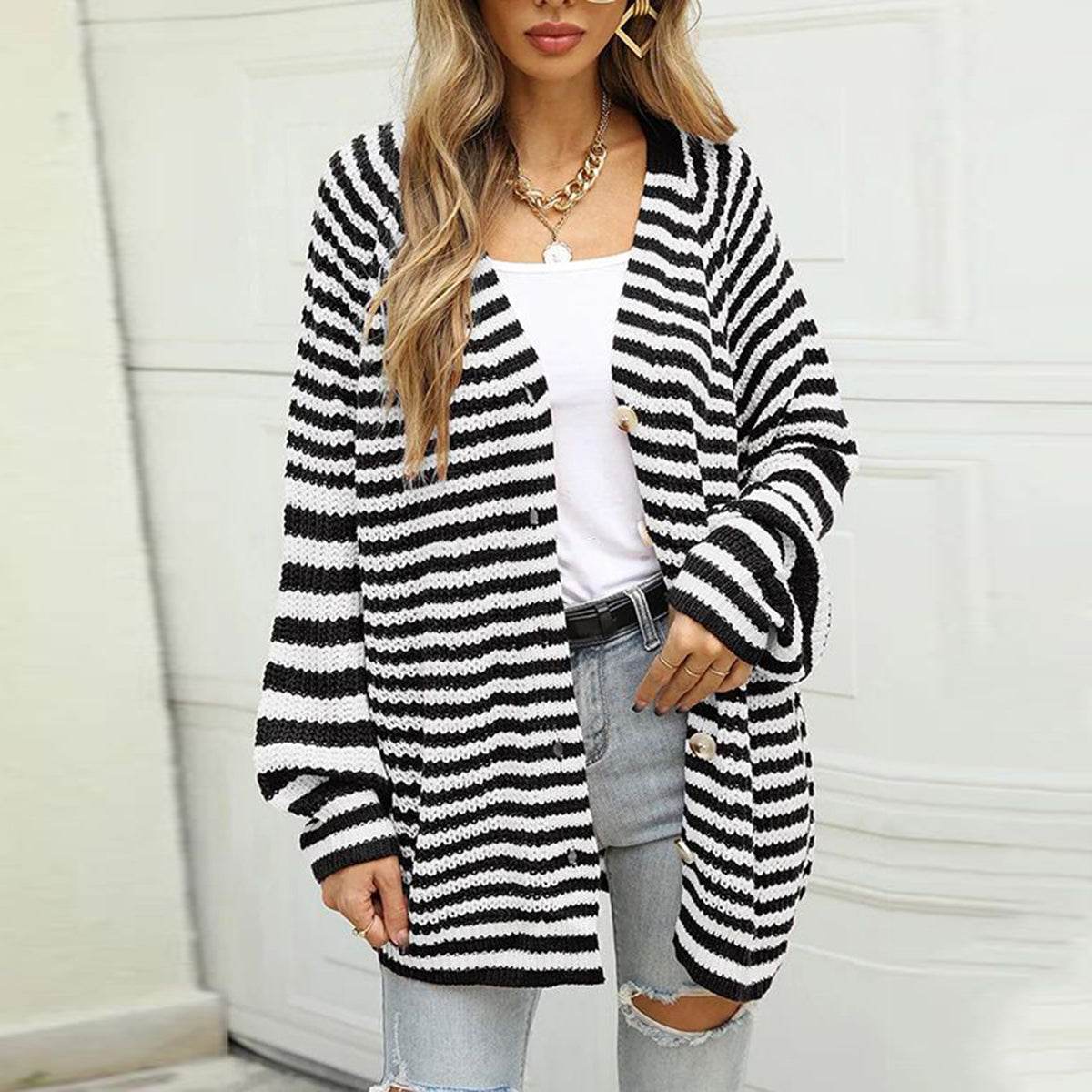 Striped Button Down Long Sleeve Cardigan - Amexza