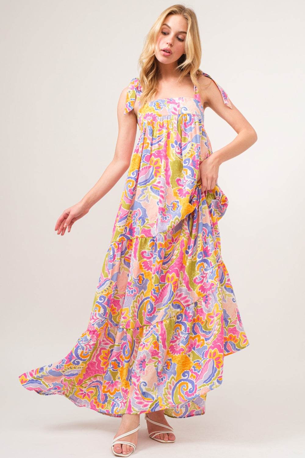 Full Size Printed Tie Shoulder Tiered Maxi Dress - Amexza