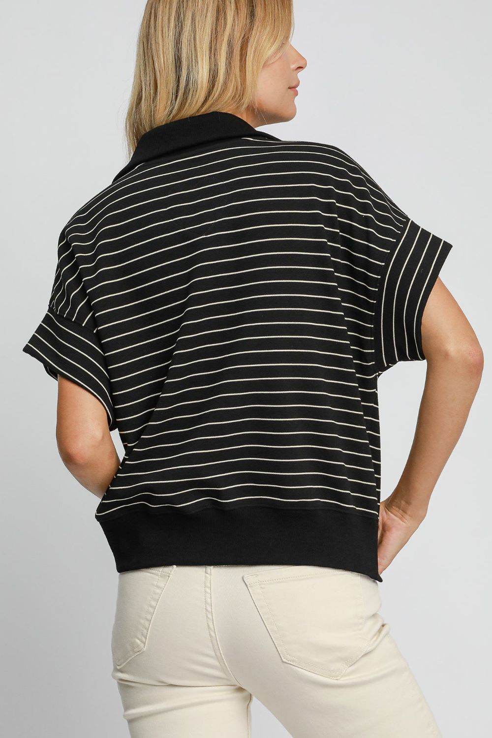 Umgee Striped Half Zip Short Sleeve Sweatshirt for a perfect OOTD – dress to impress outfits from Amexza