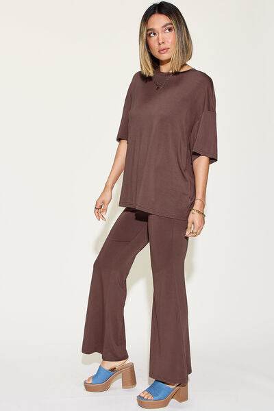 Basic Bae Full Size Bamboo Drop Shoulder T-Shirt and Flare Pants Set for a perfect OOTD – dress to impress outfits from Amexza