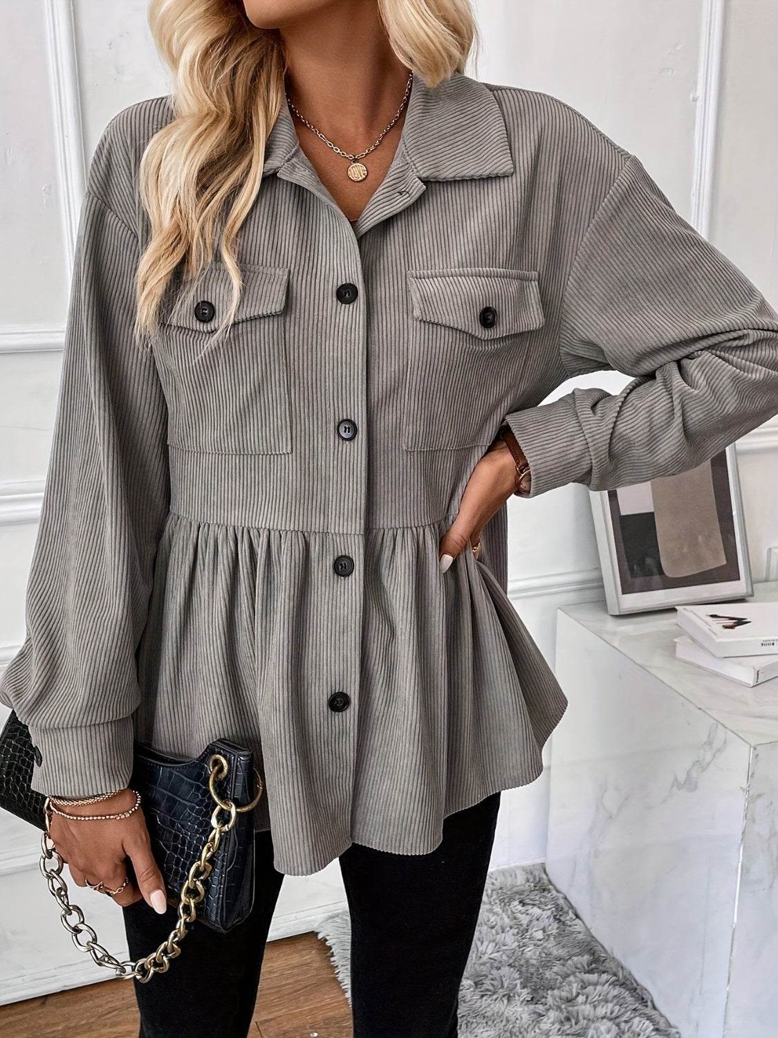 Corduroy Peplum Button Up Shacket for a perfect OOTD – dress to impress outfits from Amexza