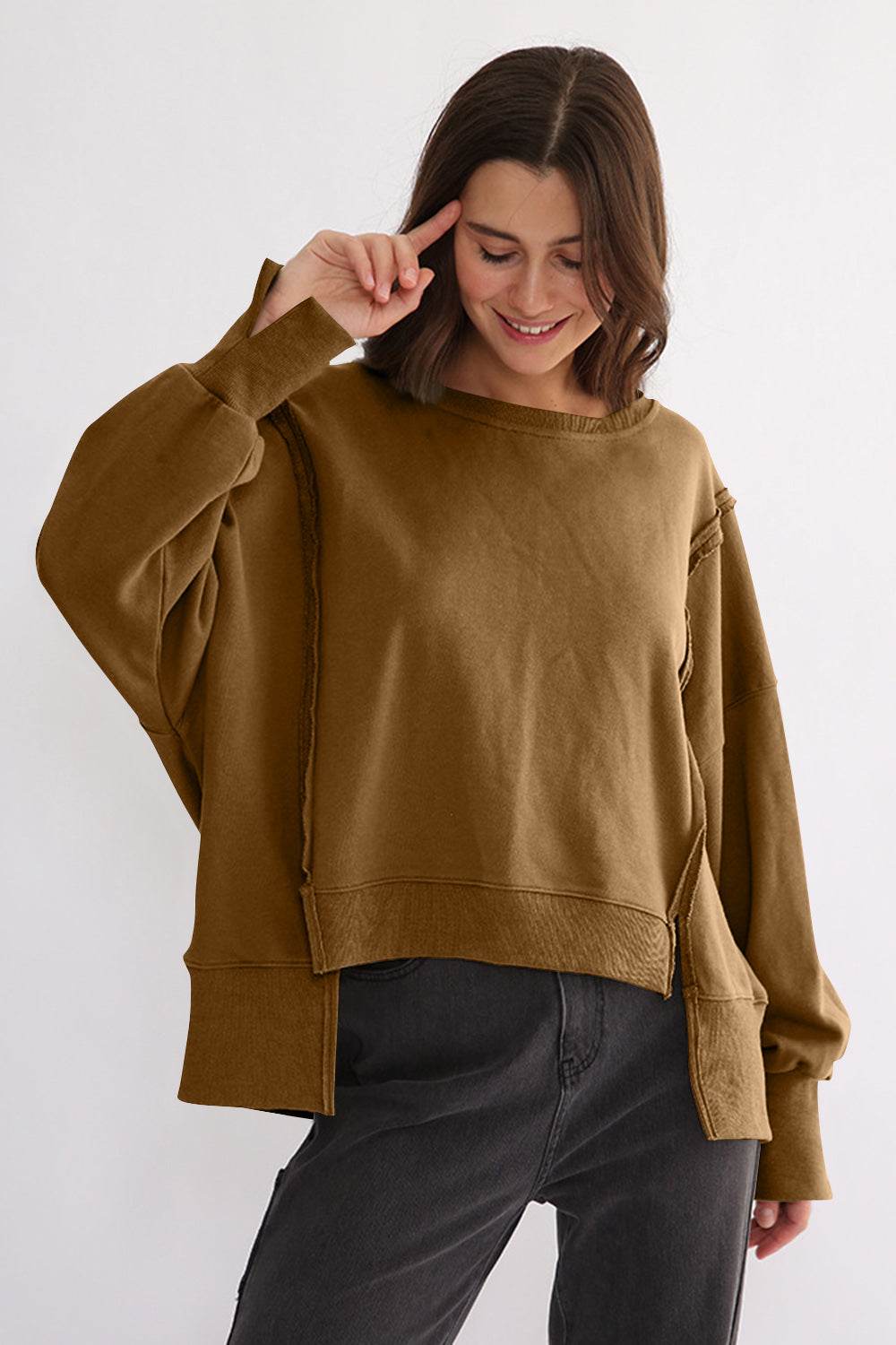Exposed Seam High-Low Long Sleeve Sweatshirt Camel One Size for a perfect OOTD – dress to impress outfits from Amexza