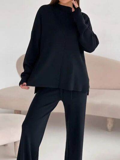 Slit Mock Neck Top and Pants Sweater Set for a perfect OOTD – dress to impress outfits from Amexza