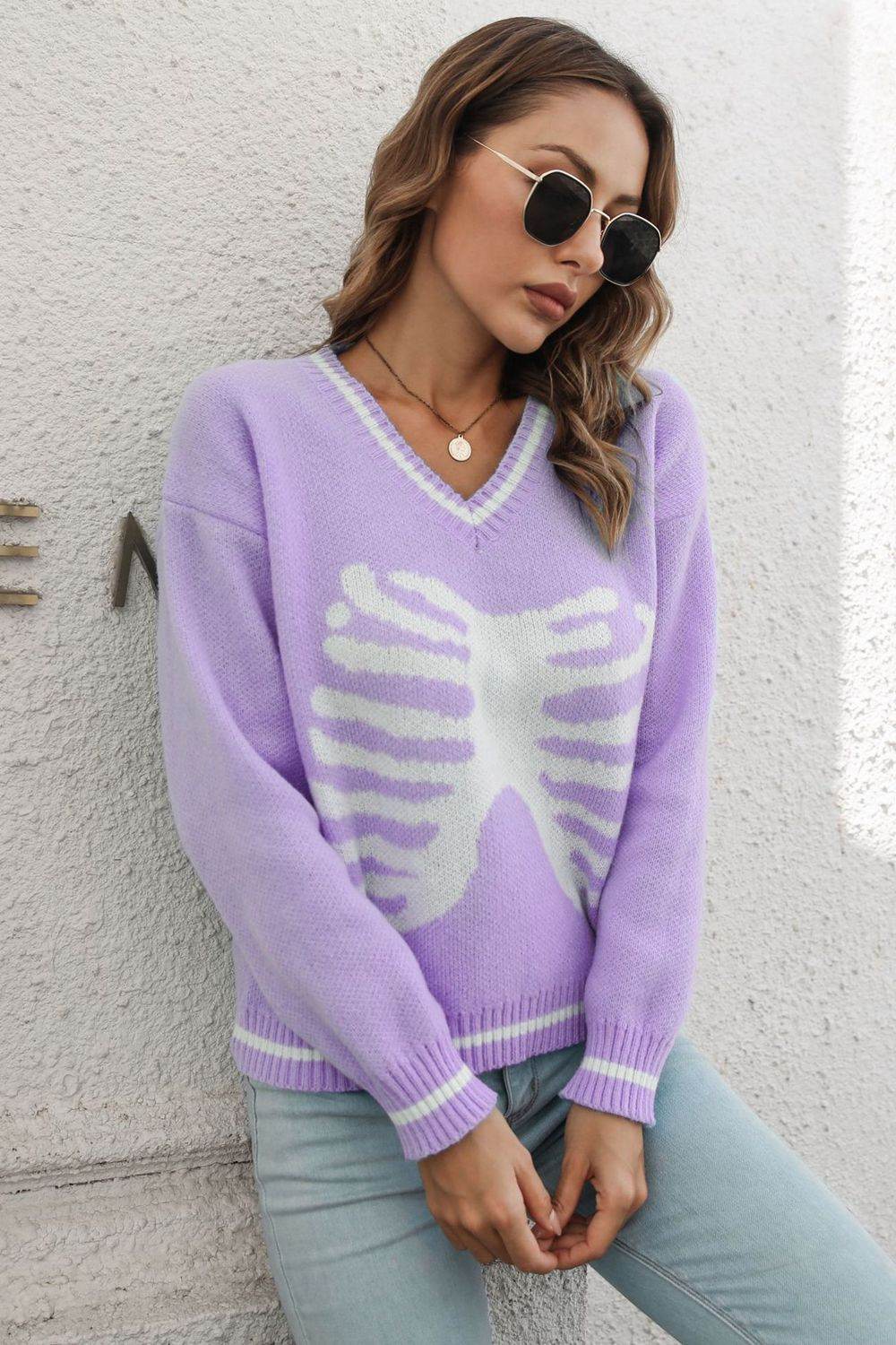 Skeleton Pattern V-Neck Long Sleeve Pullover Sweater for a perfect OOTD – dress to impress outfits from Amexza