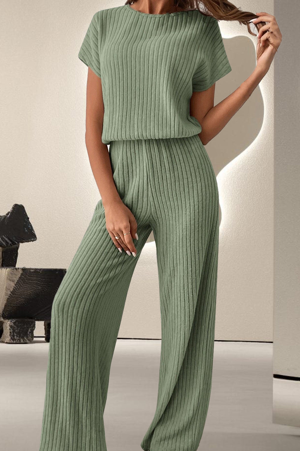 Round Neck Short Sleeve Jumpsuit - Amexza