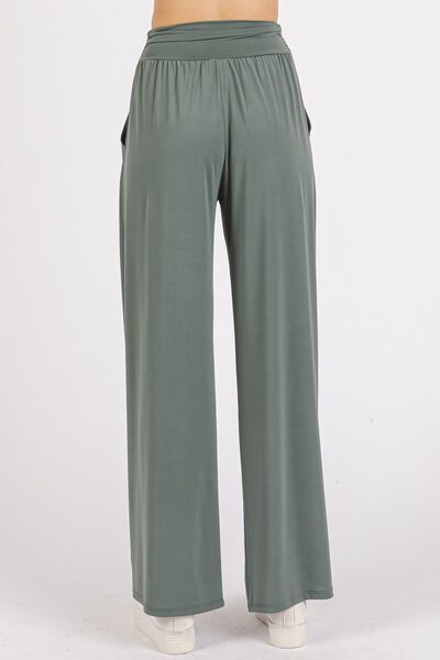 Mittoshop Stretch Banded Waist Wide Leg Pants with Pockets - Amexza