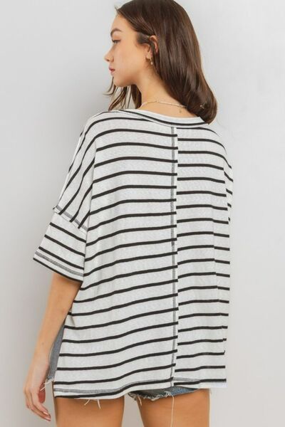 Ces Femme Side Slit Striped Round Neck Half Sleeve T-Shirt for a perfect OOTD – dress to impress outfits from Amexza