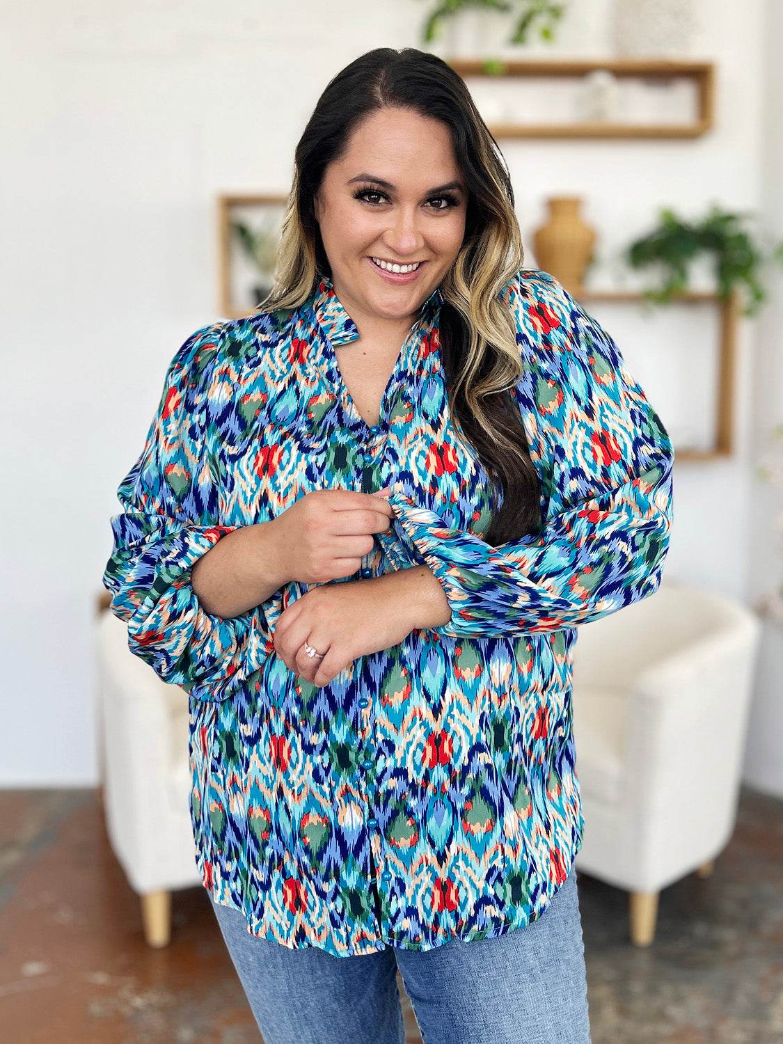 Double Take Full Size Printed Balloon Sleeve Blouse for a perfect OOTD – dress to impress outfits from Amexza