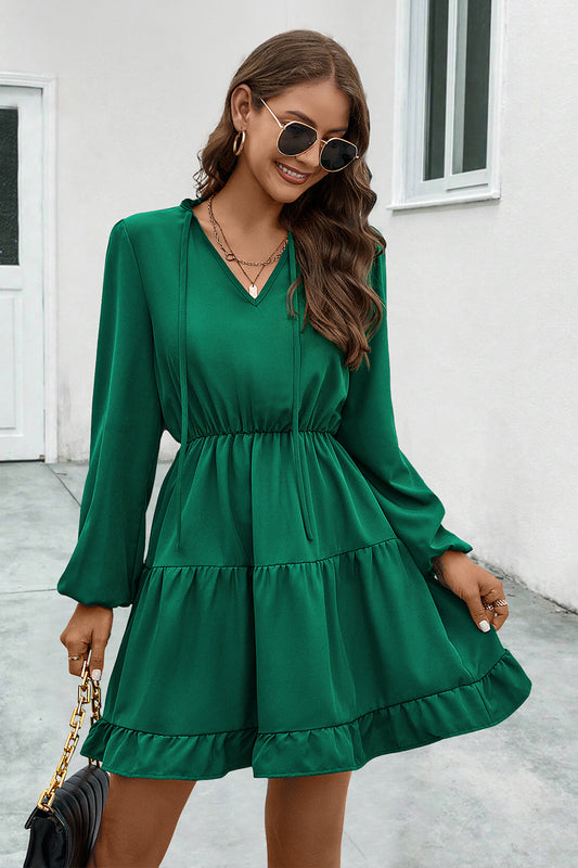 V-Neck Tie Neck Long Sleeve Dress - Green / S