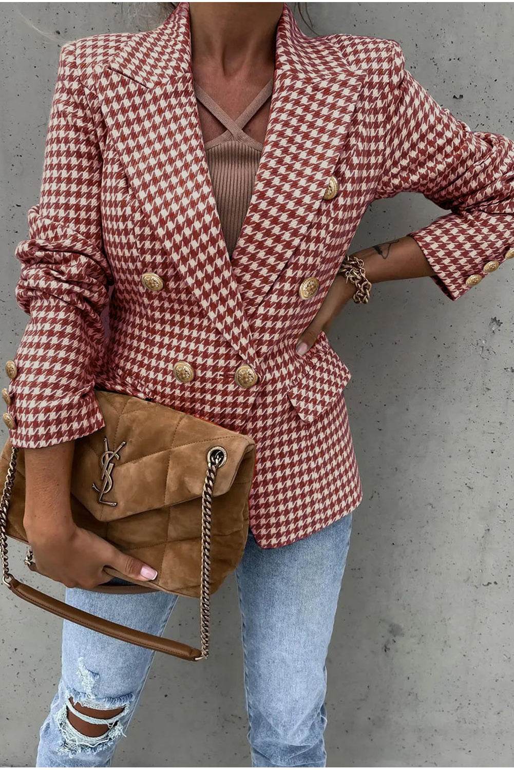 Houndstooth Collared Neck Double-Breasted Blazer - Amexza
