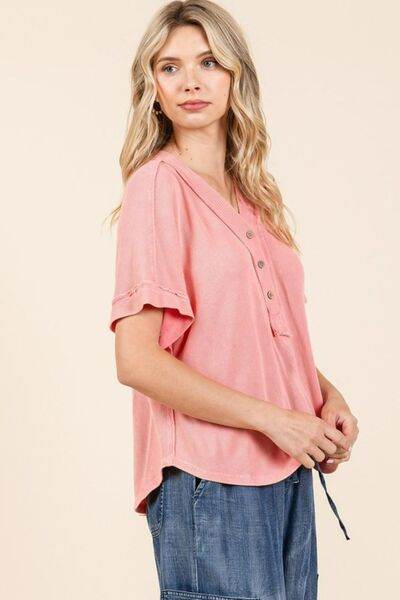 Mittoshop Mineral Wash Henley Short Sleeve Waffle Knit Top for a perfect OOTD – dress to impress outfits from Amexza