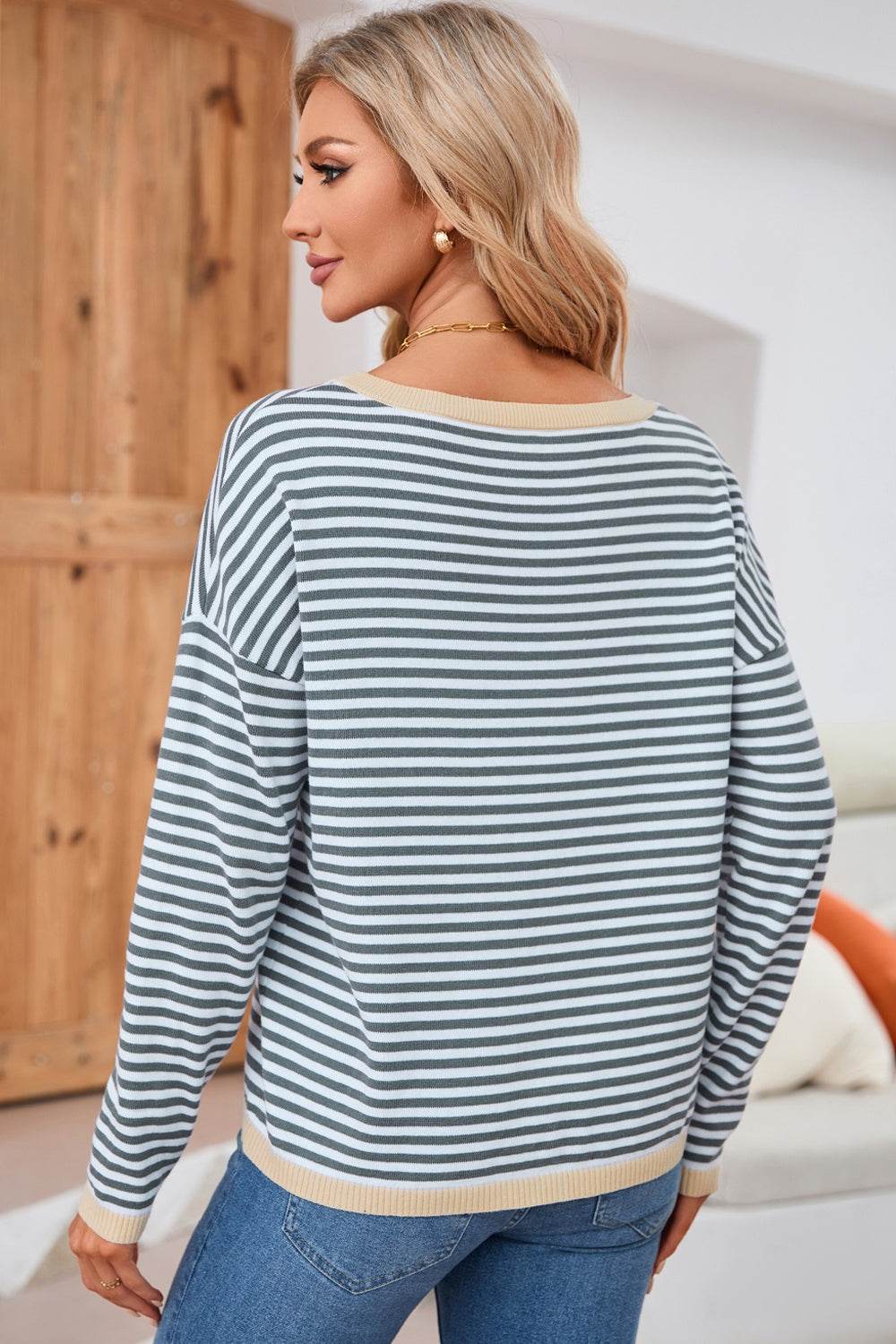 Striped Round Neck Drop Shoulder T-Shirt for a perfect OOTD – dress to impress outfits from Amexza