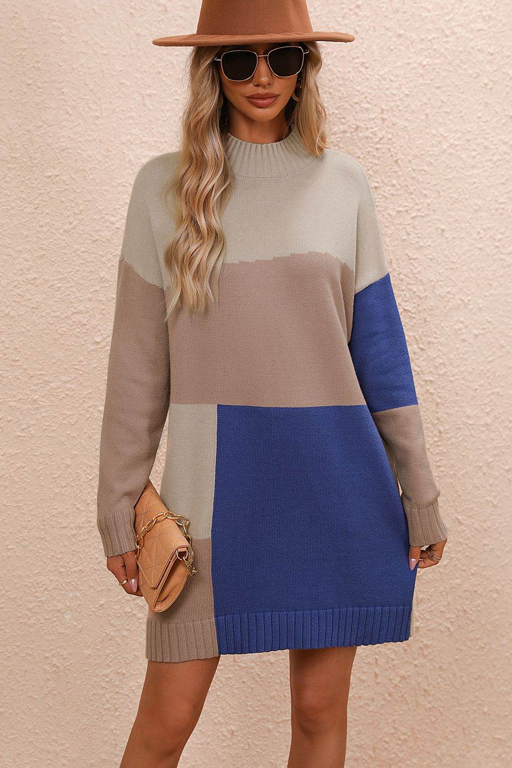 Color Block Mock Neck Dropped Shoulder Sweater Dress for a perfect OOTD – dress to impress outfits from Amexza